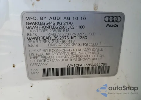 2011 Audi Q5 Premium из США, поврежденный, VIN WA1CFAFP7BA041755